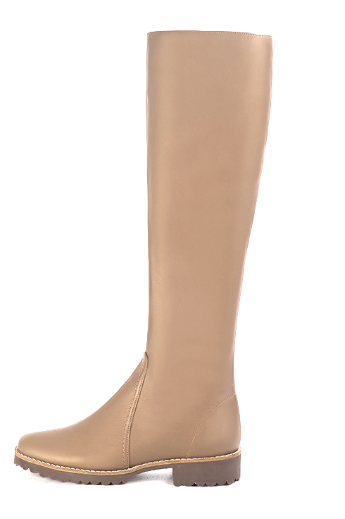 Tan beige women's riding knee-high boots. Round toe. Flat rubber soles. Made to measure. Profile view - Florence KOOIJMAN